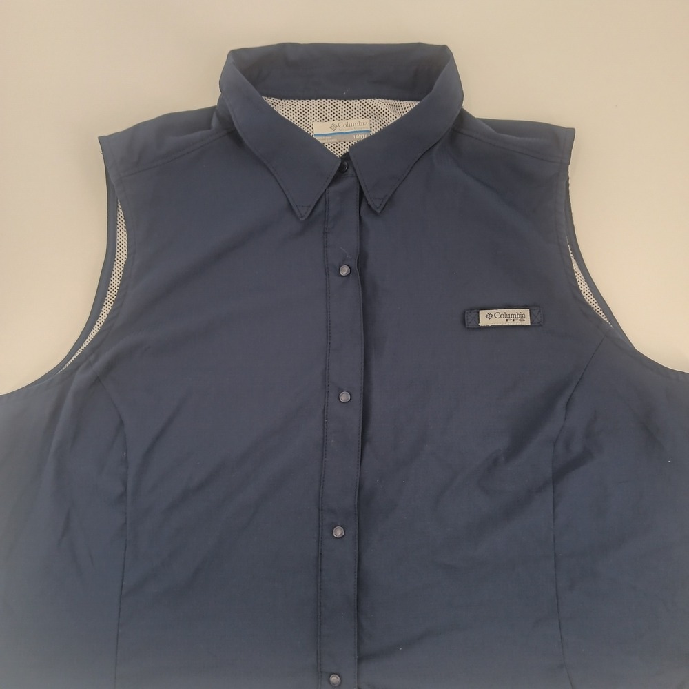 Columbia PFG Womens 1X Sleeveless Fishing Shirt Navy Blue Vented Snap Front Top